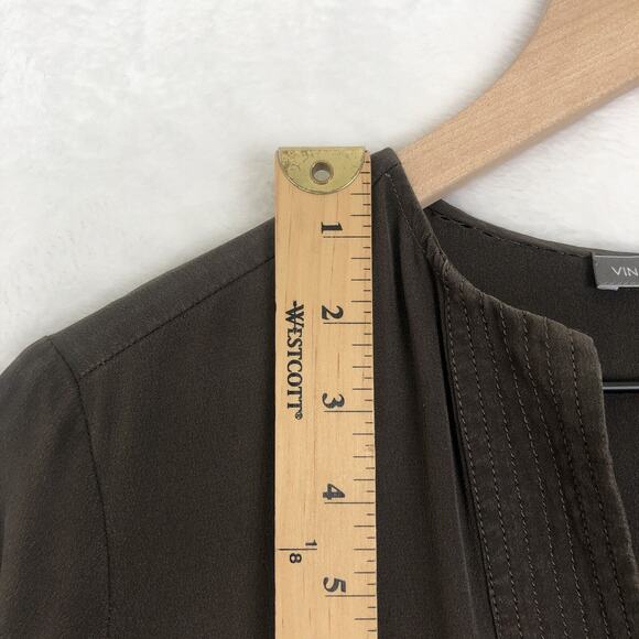 VINCE 100% Silk Tunic Top Women's Sz 4 Brown Long Sleeve Popover V-Neck Luxury - Picture 7 of 12